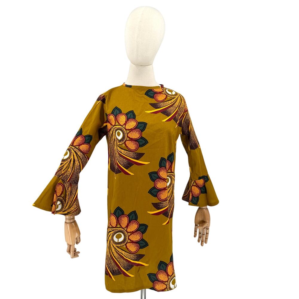 Grass-fields Olive Green Ocher 100% Cotton African Print Bell Sleeve Mini Dress